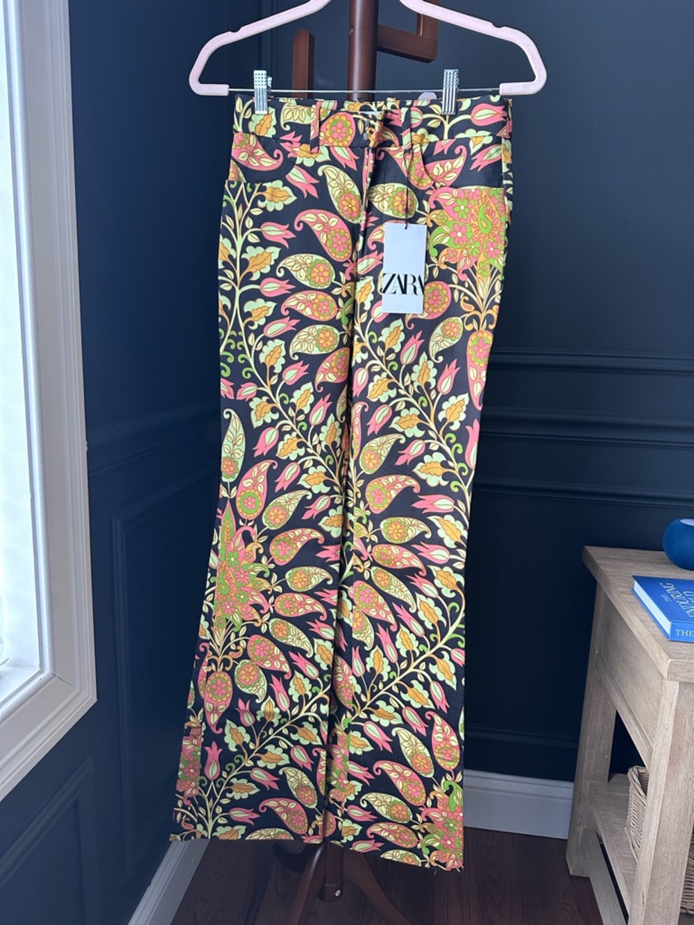ZARA Floral Paisley Straight Flare Leg Trousers - Black with Pink & Yellow XS